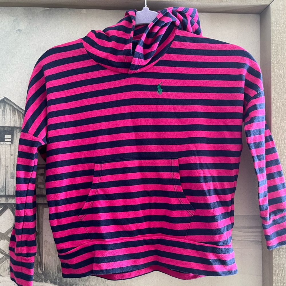 Girls/boys Ralph Lauren pink and navy pullover. Sz 6/7 with pockets.